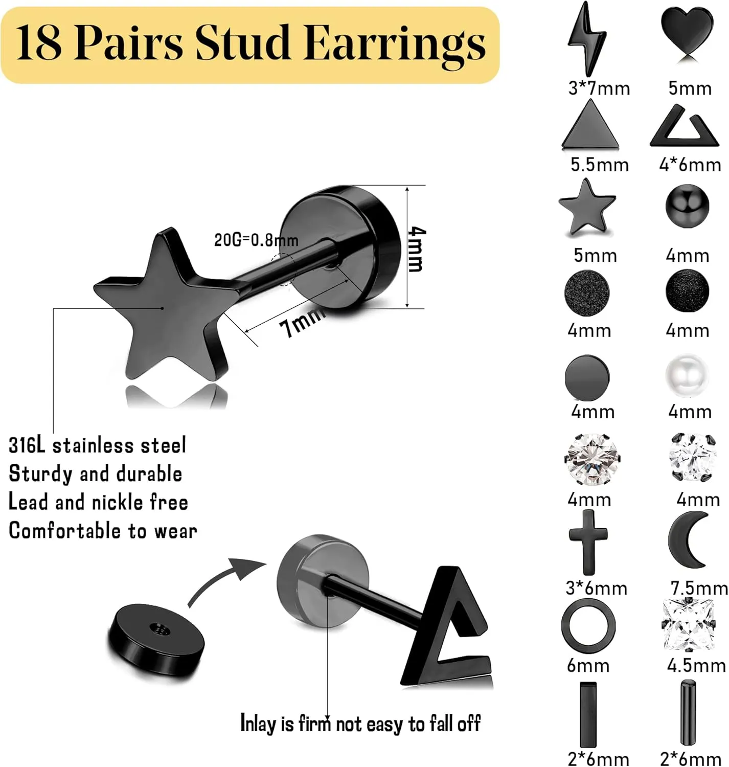 18 Pairs Surgical Stainless Steel Stud Earrings For Women Men 20G Cartilage Earrings Studs Cross Moon Star Small Stud Earrings Black Gold Screw Flat Back Earrings Ear Piercing Studs Set
