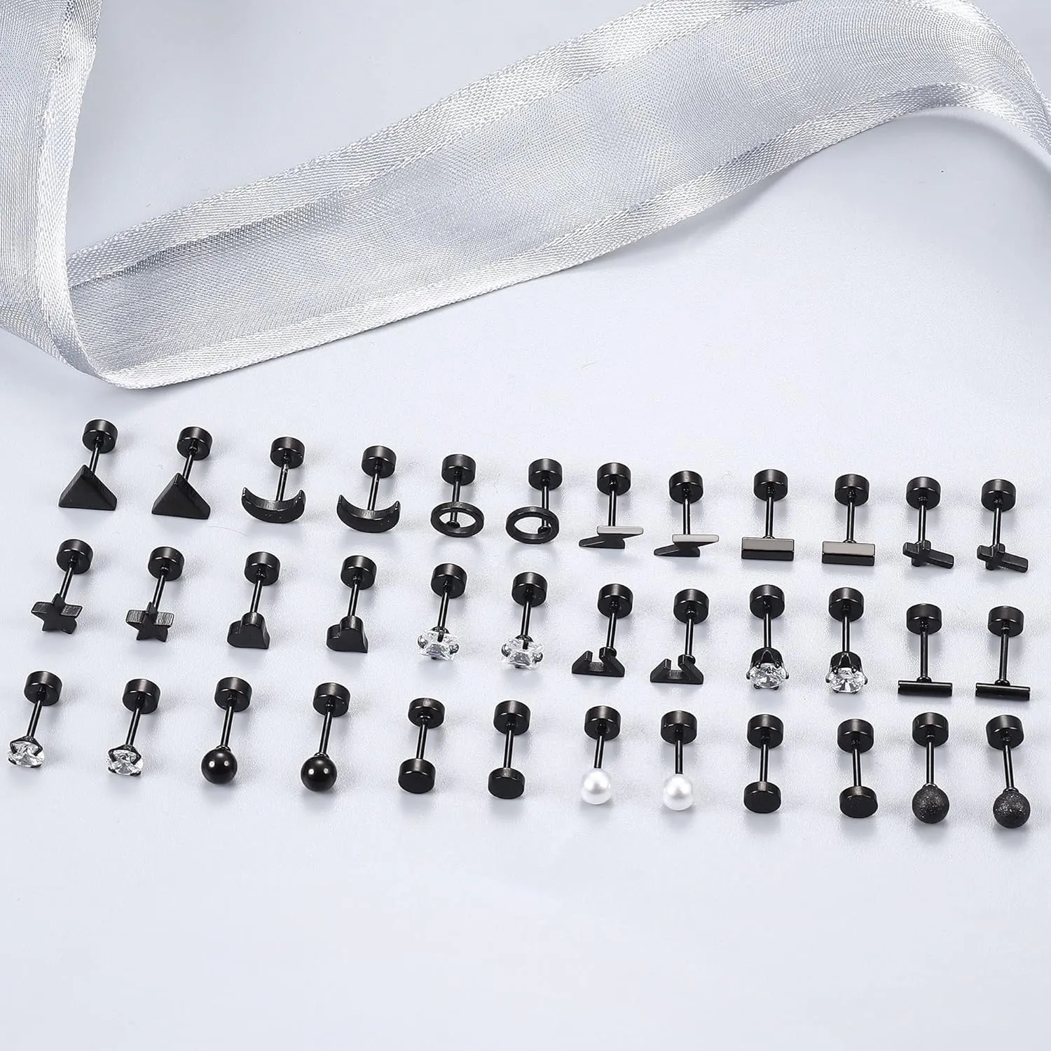 18 Pairs Surgical Stainless Steel Stud Earrings For Women Men 20G Cartilage Earrings Studs Cross Moon Star Small Stud Earrings Black Gold Screw Flat Back Earrings Ear Piercing Studs Set