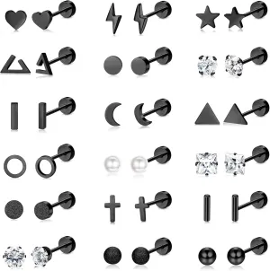 18 Pairs Surgical Stainless Steel Stud Earrings For Women Men 20G Cartilage Earrings Studs Cross Moon Star Small Stud Earrings Black Gold Screw Flat Back Earrings Ear Piercing Studs Set