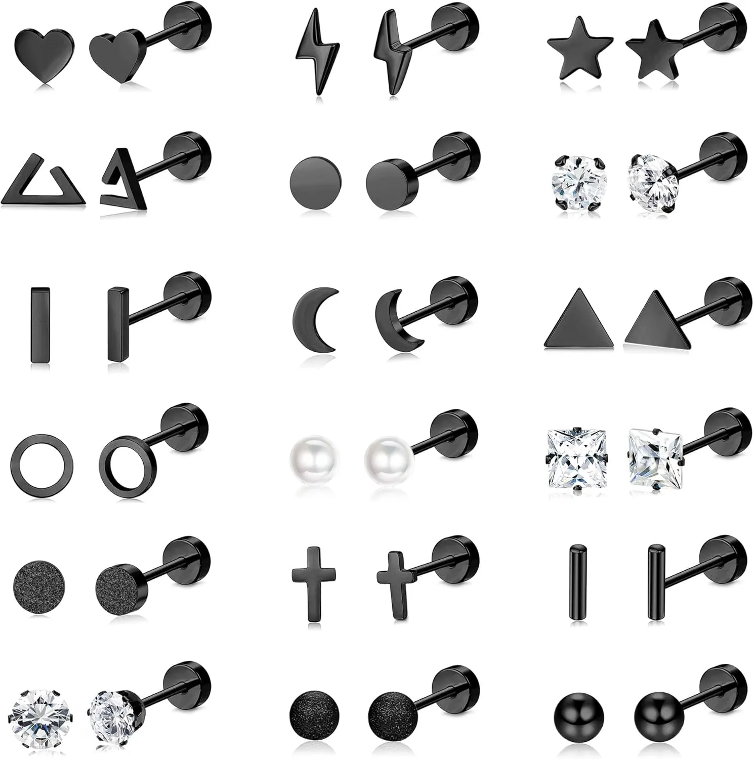 18 Pairs Surgical Stainless Steel Stud Earrings For Women Men 20G Cartilage Earrings Studs Cross Moon Star Small Stud Earrings Black Gold Screw Flat Back Earrings Ear Piercing Studs Set