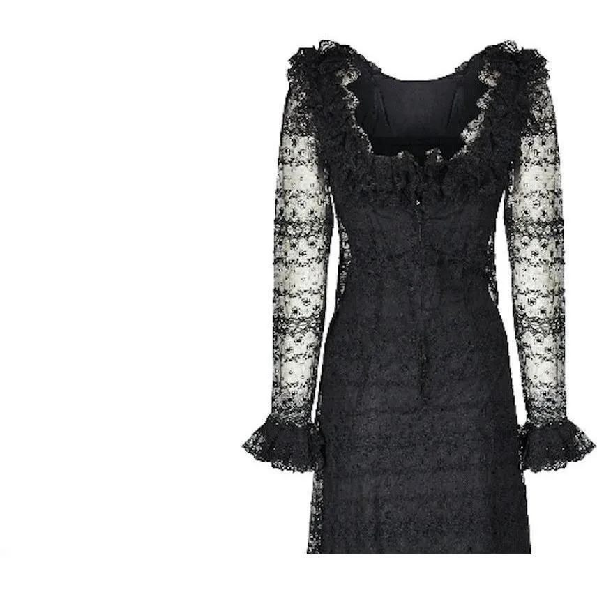 1971 Documented Madame Gres Haute Couture Black Silk & Lace Dress