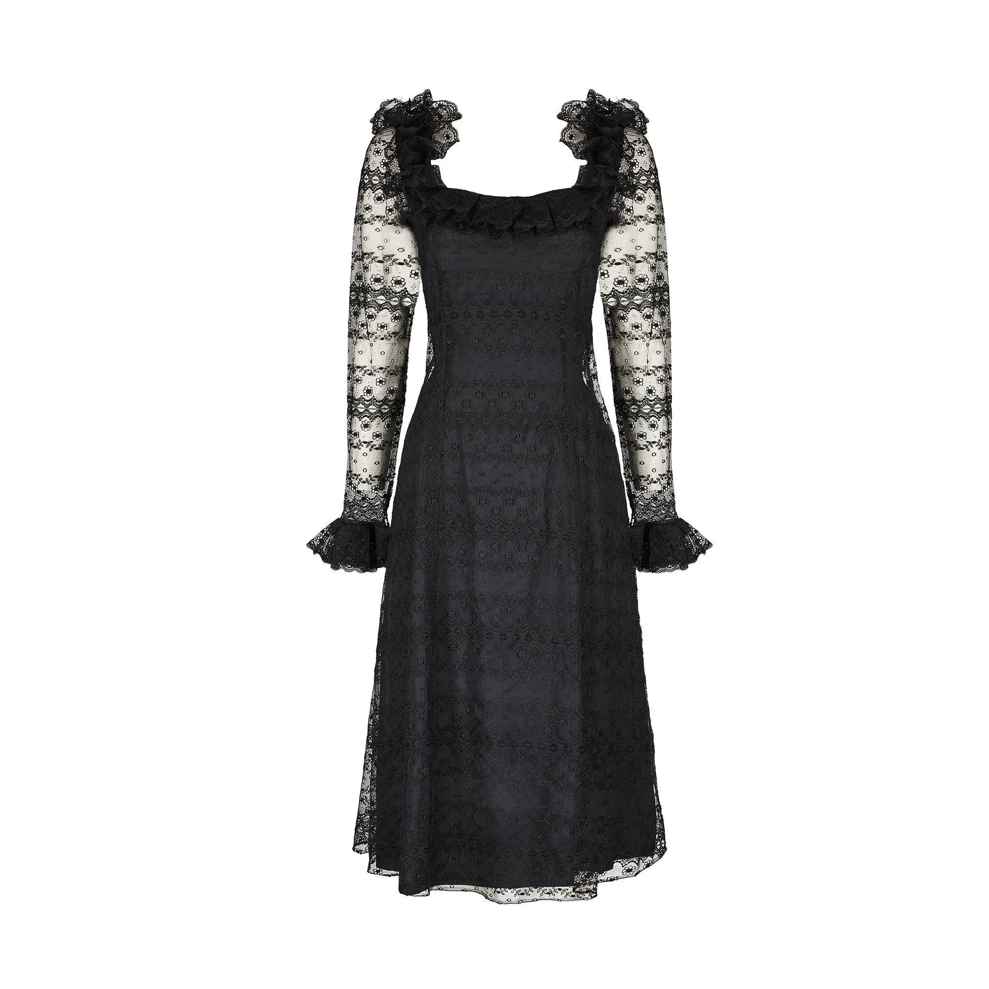 1971 Documented Madame Gres Haute Couture Black Silk & Lace Dress