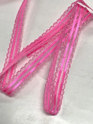 2 1/2 YD Polyester and Nylon Satin and Organza Ribbon - Neon Pink and Iridescent White