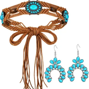 2 Pcs Turquoise Braid Waist Belt Set with Beaded Dangle Earrings Bohemian Rope Belt with Tassel Western Jewelry for Women