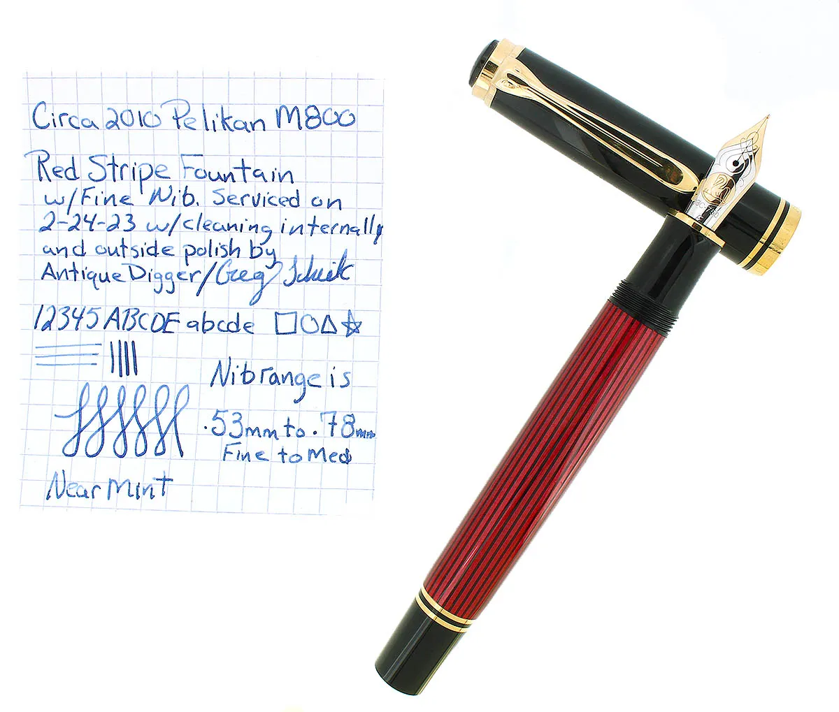 2010 PELIKAN M800 SOUVERAN 18C FINE NIB RED STRIPE FOUNTAIN PEN NEAR MINT W/BOX
