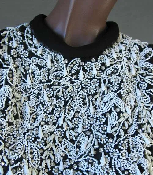 60s Cocktail Dress Women's Vintage LBD Beaded Bodice Rhinestone Embellished Small/Medium VFG Litler