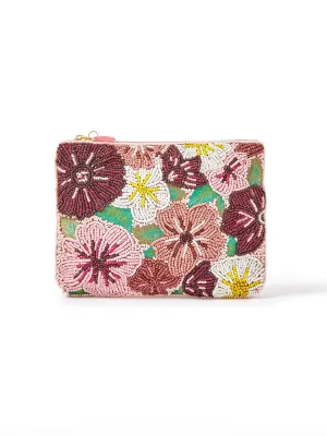 Accessorize London Women's Beaded Pink Floral Embellished Pouch Make Up Bag