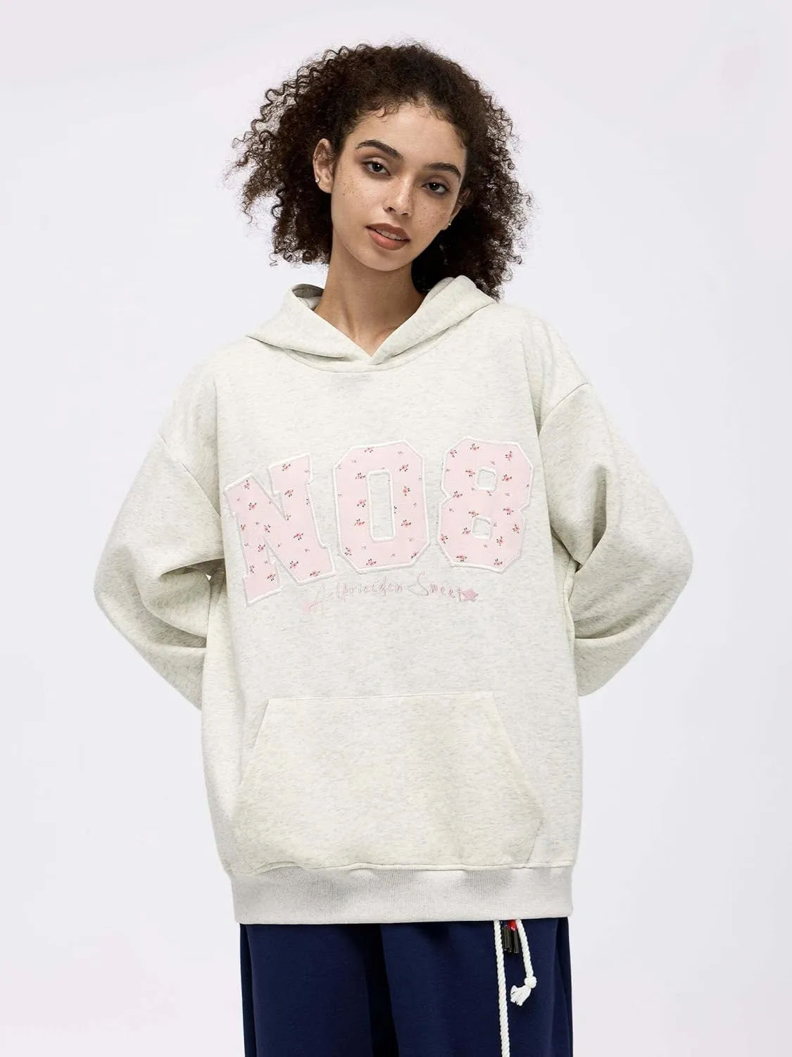 Aelfric Eden Womens Oversized Graphic Hoodies Y2k Flower Embroidery Number Print Pullover Hooded Sweatshirt Unisex