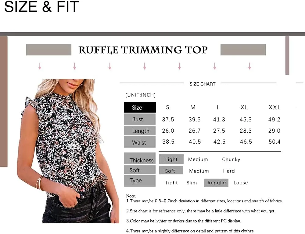 Allimy Women Summer Ruffle Trim Neckline Tank Tops Double Lined Chiffon Blouses