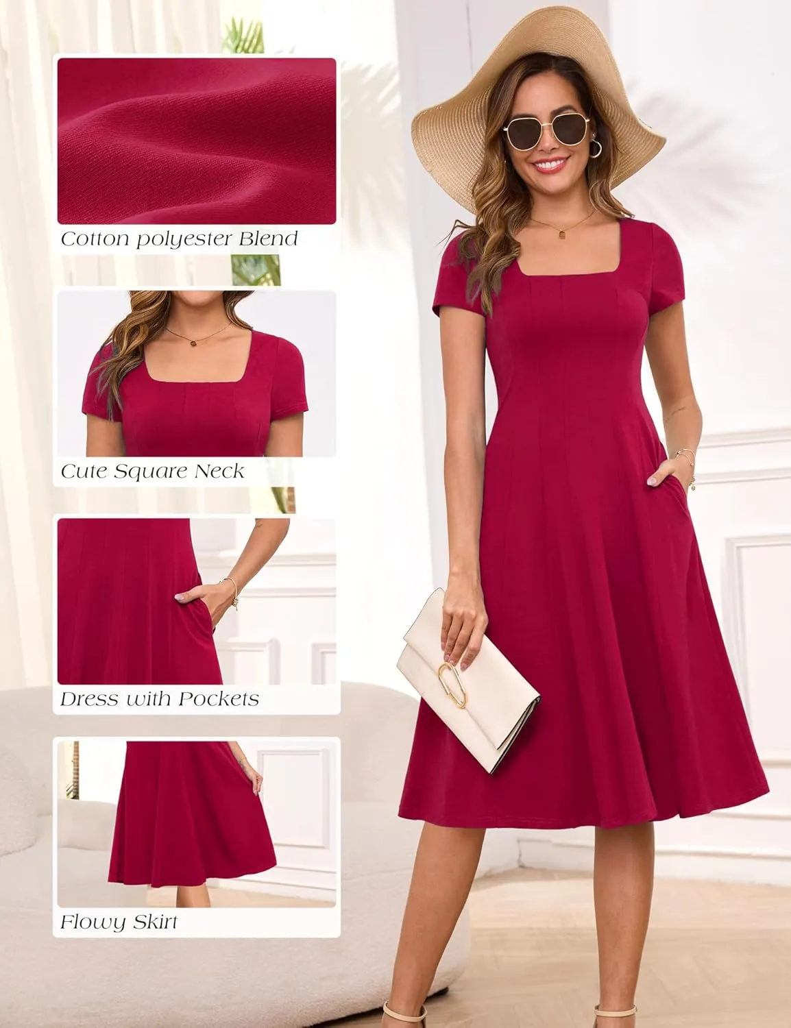 Annebouti Womens Spring Summer 2025 A-Line Square Neck Short Sleeve Semi-Formal Casual Work Midi Dress with Pockets