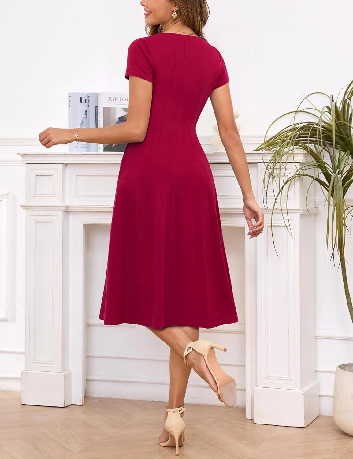 Annebouti Womens Spring Summer 2025 A-Line Square Neck Short Sleeve Semi-Formal Casual Work Midi Dress with Pockets