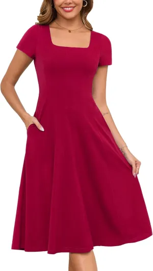 Annebouti Womens Spring Summer 2025 A-Line Square Neck Short Sleeve Semi-Formal Casual Work Midi Dress with Pockets