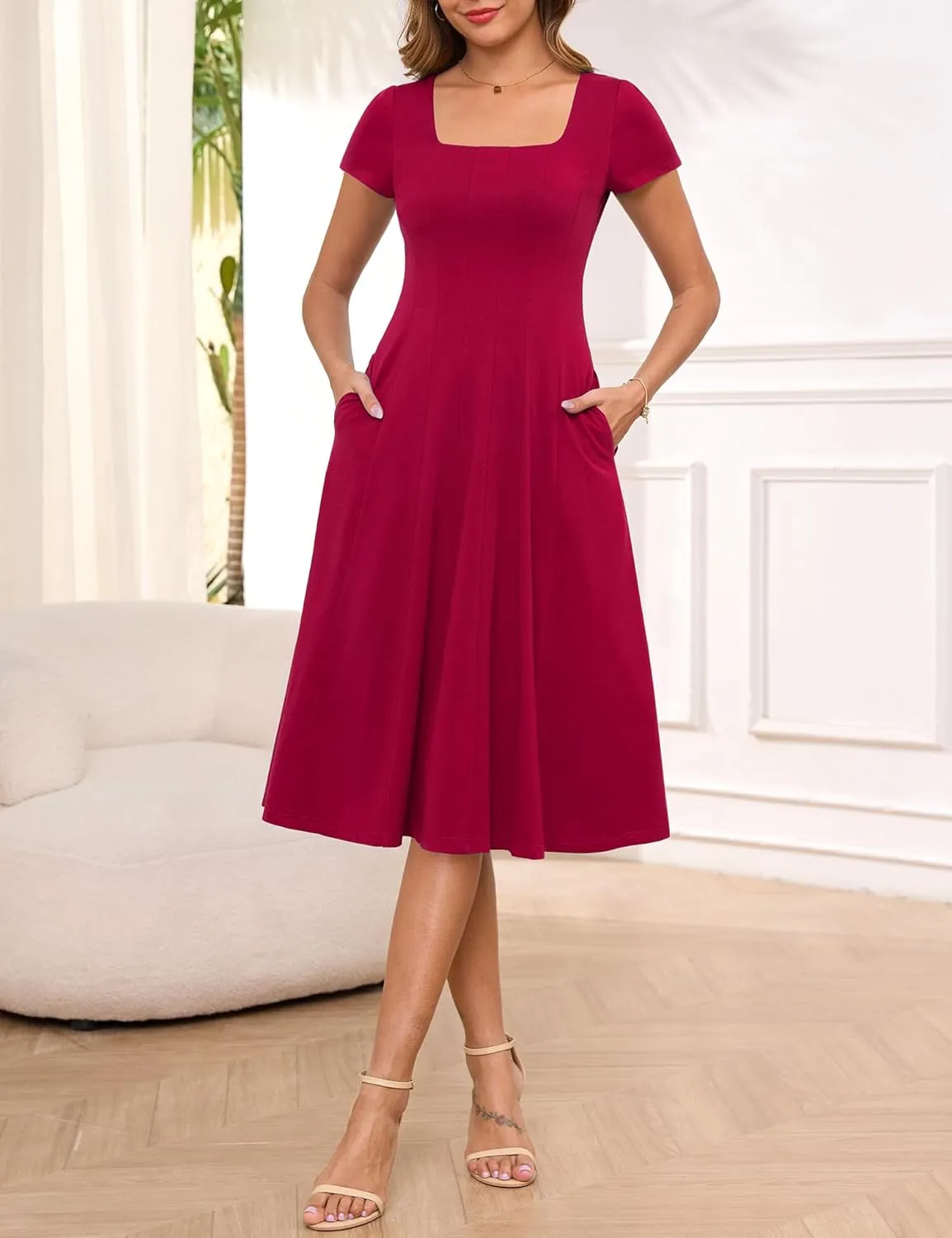 Annebouti Womens Spring Summer 2025 A-Line Square Neck Short Sleeve Semi-Formal Casual Work Midi Dress with Pockets