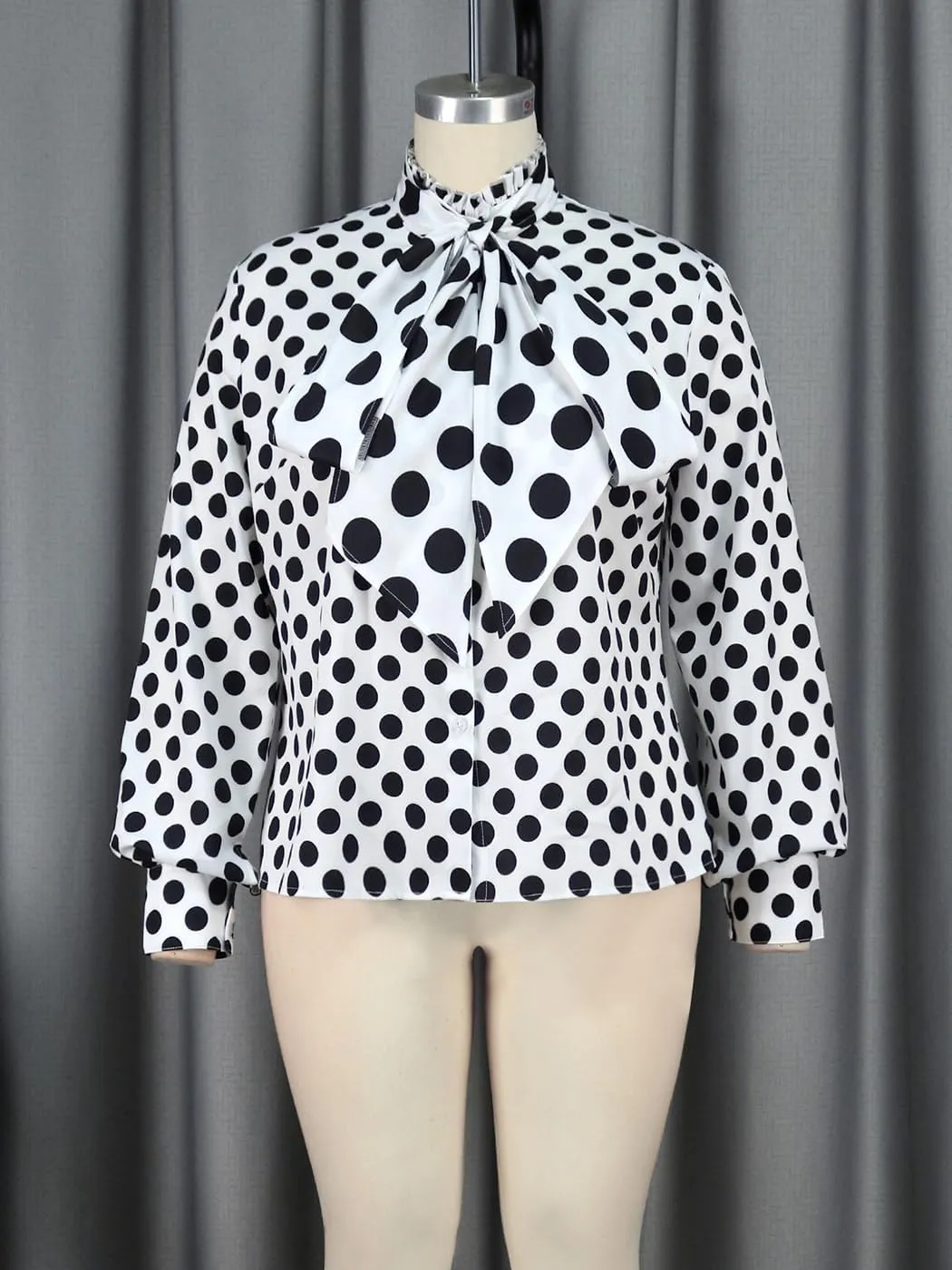 AOMEI Women's Bow Tied Neck Ruffle Trim Button Up Long Sleeve Workwear Shirts Blouse Black Polka Dot