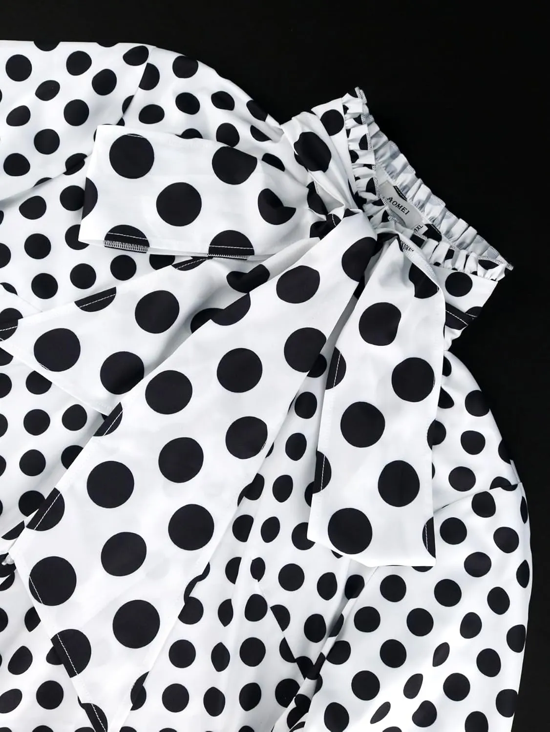 AOMEI Women's Bow Tied Neck Ruffle Trim Button Up Long Sleeve Workwear Shirts Blouse Black Polka Dot