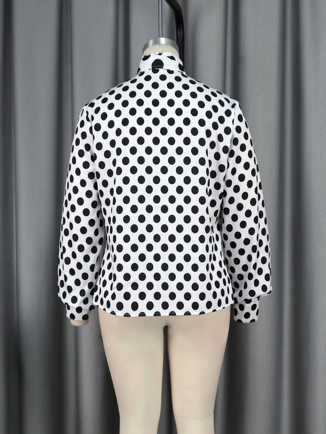 AOMEI Women's Bow Tied Neck Ruffle Trim Button Up Long Sleeve Workwear Shirts Blouse Black Polka Dot