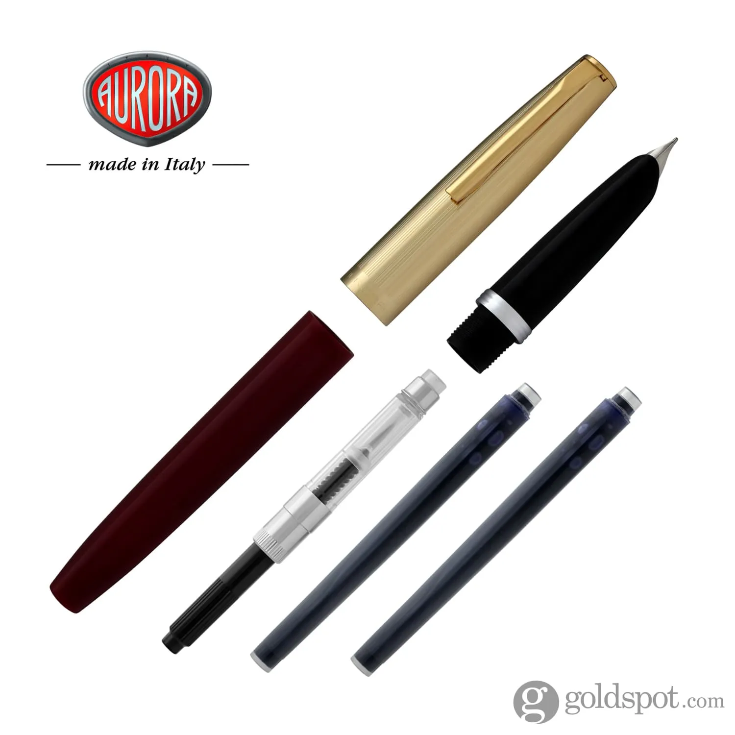 Aurora Duo Cart Fountain Pen in Bordeaux Resin with Gold Plated Cap - Medium Point