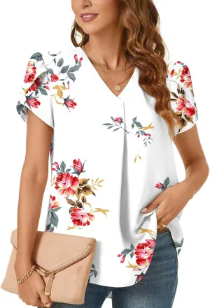 Bestbee Women's Dressy Chiffon Blouses V Neck Tops Tee 2025 Summer Shirts Petal Short Sleeve Casual T-Shirts