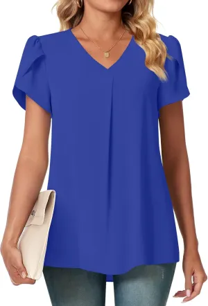 Bestbee Women's Dressy Chiffon Blouses V Neck Tops Tee 2025 Summer Shirts Petal Short Sleeve Casual T-Shirts