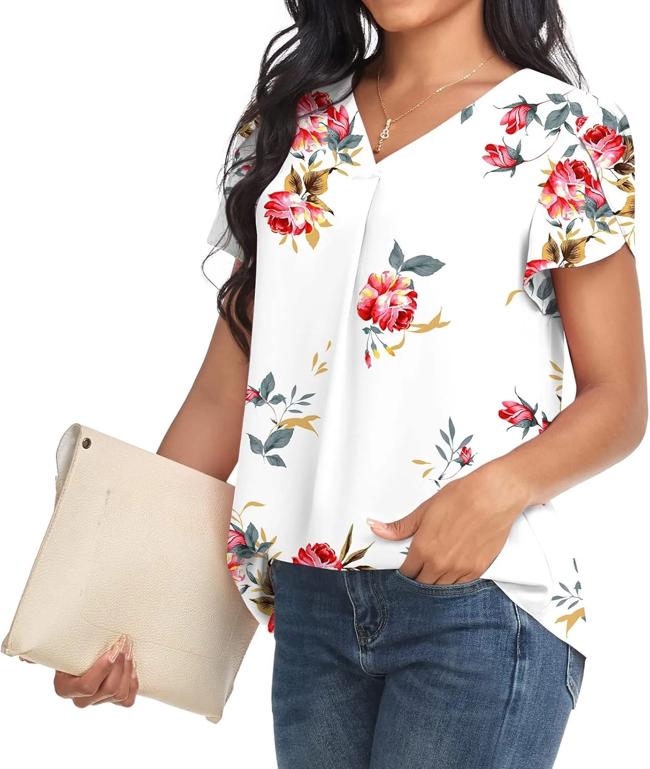 Bestbee Women's Dressy Chiffon Blouses V Neck Tops Tee 2025 Summer Shirts Petal Short Sleeve Casual T-Shirts