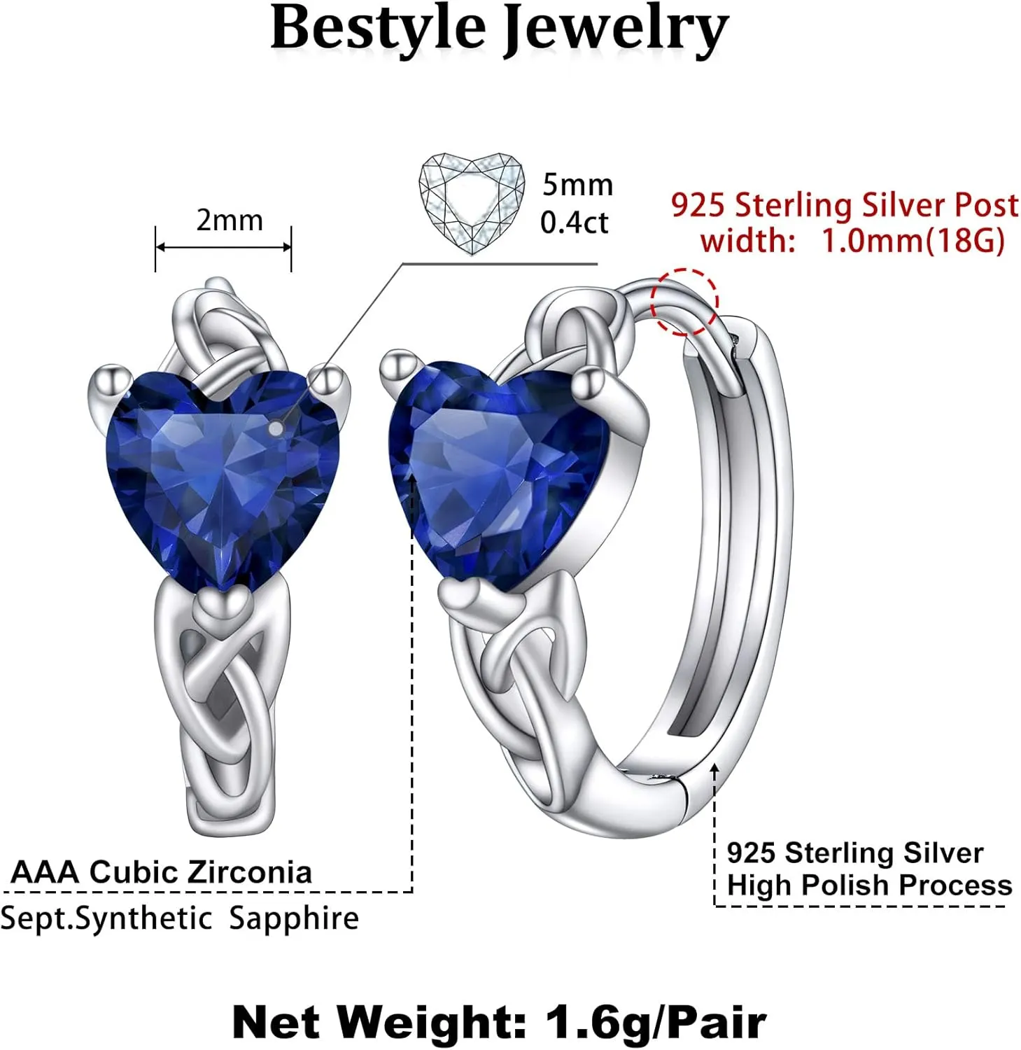 Bestyle Sterling Silver Celtic Earrings with Birthstone for Women, Hoop/Cross/Heart/Celtic Knot Celtic Birthstone Earrings for Women, Great Birthday Gift
