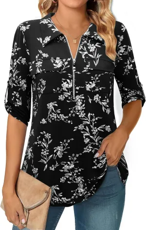 Bulotus Women's 3/4 Sleeve Collared Blouses Business Casual Zip Front V Neck Loose Fit Tunic Tops