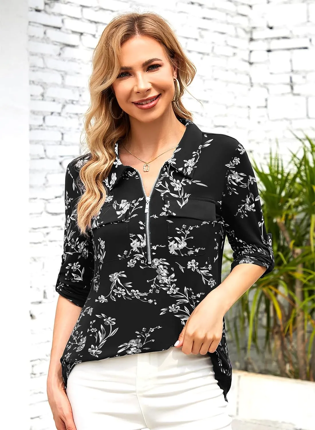 Bulotus Women's 3/4 Sleeve Collared Blouses Business Casual Zip Front V Neck Loose Fit Tunic Tops