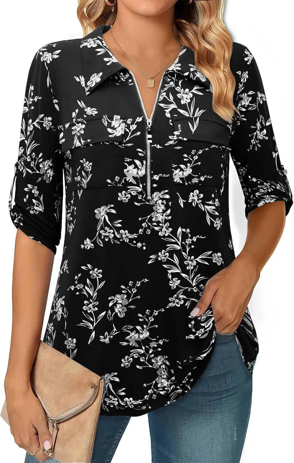 Bulotus Women's 3/4 Sleeve Collared Blouses Business Casual Zip Front V Neck Loose Fit Tunic Tops