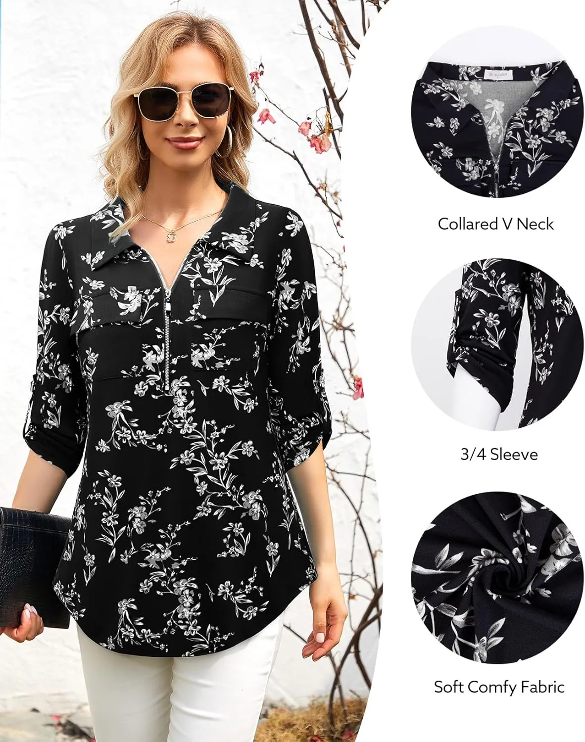 Bulotus Women's 3/4 Sleeve Collared Blouses Business Casual Zip Front V Neck Loose Fit Tunic Tops