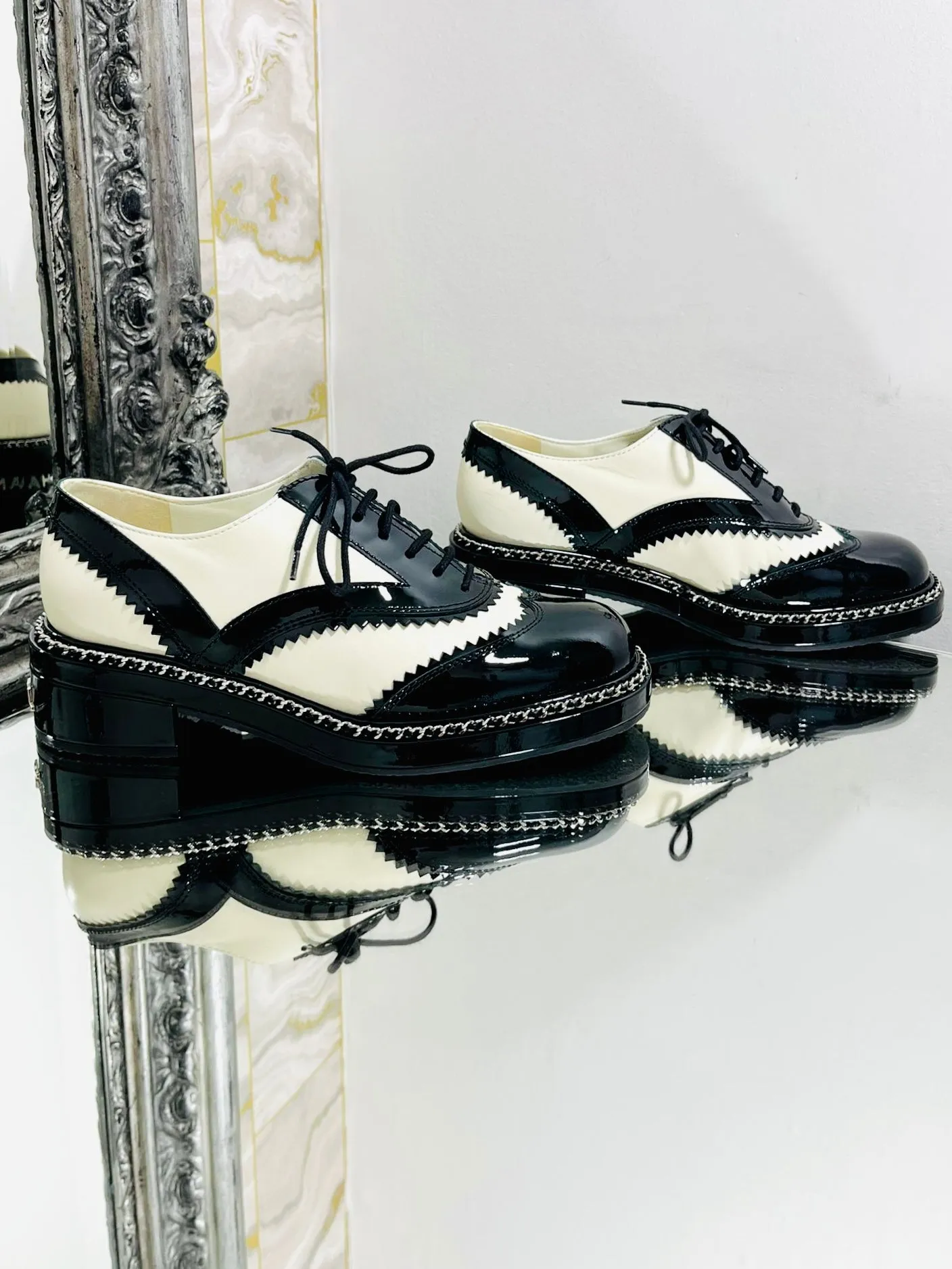Chanel Leather, Chain & Logo Brogues. Size 37.5