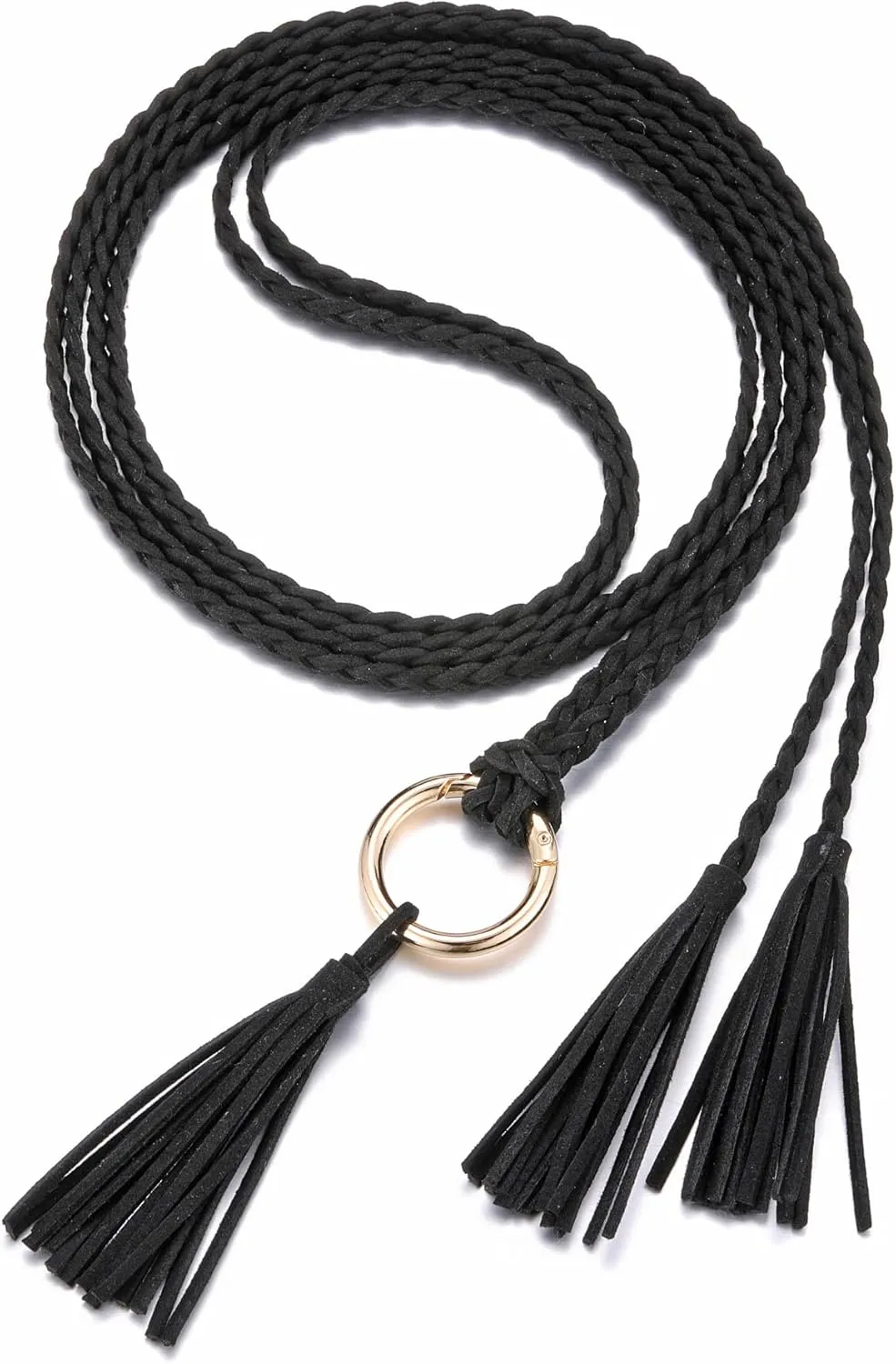 CHIC DIARY Women's Tassel Braided Rope Belt Skinny Woven Belt for Dress PU Leather Waist Belt with Ring