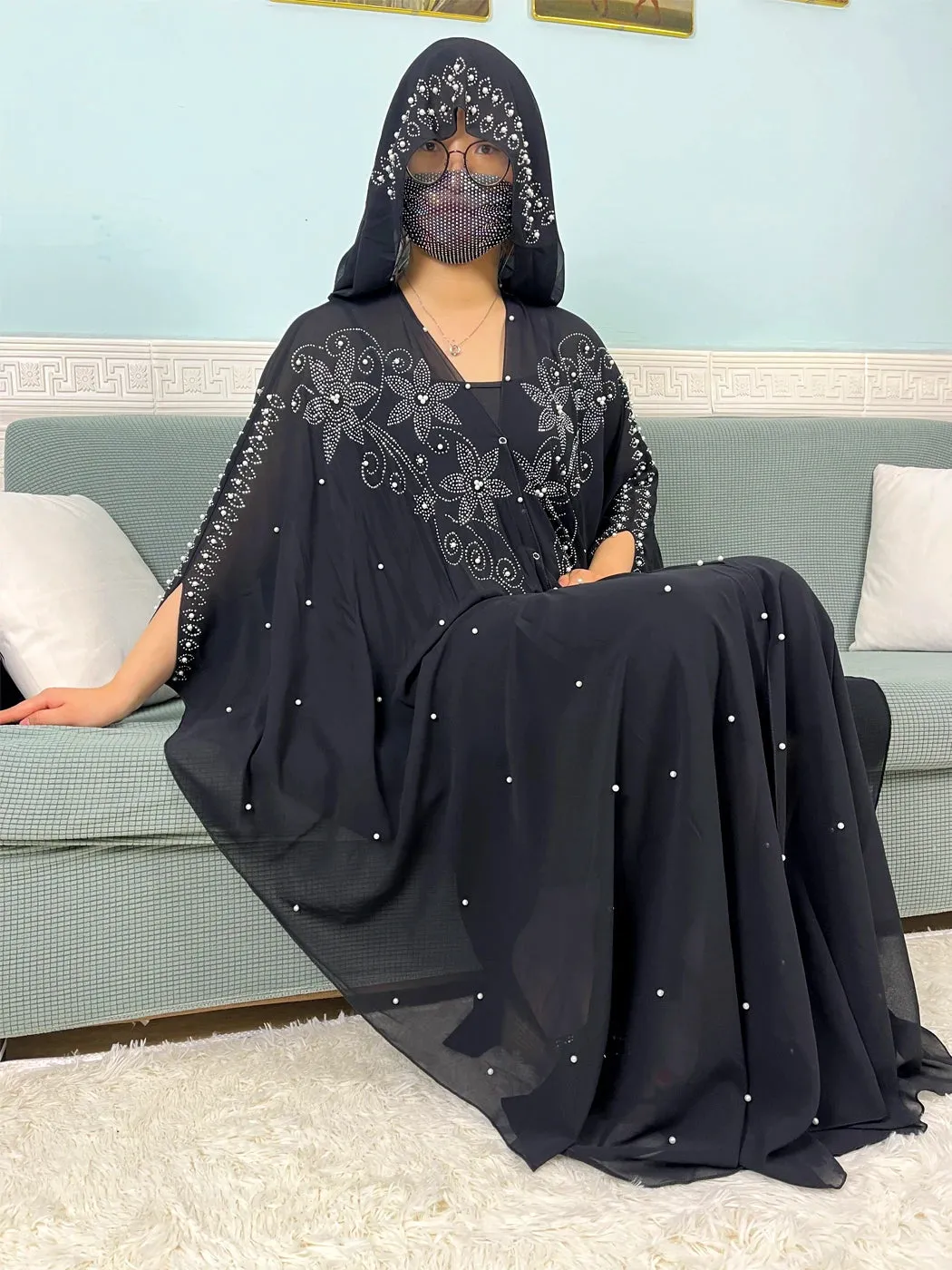 Chiffon Beading Set Diamonds Open Abaya
