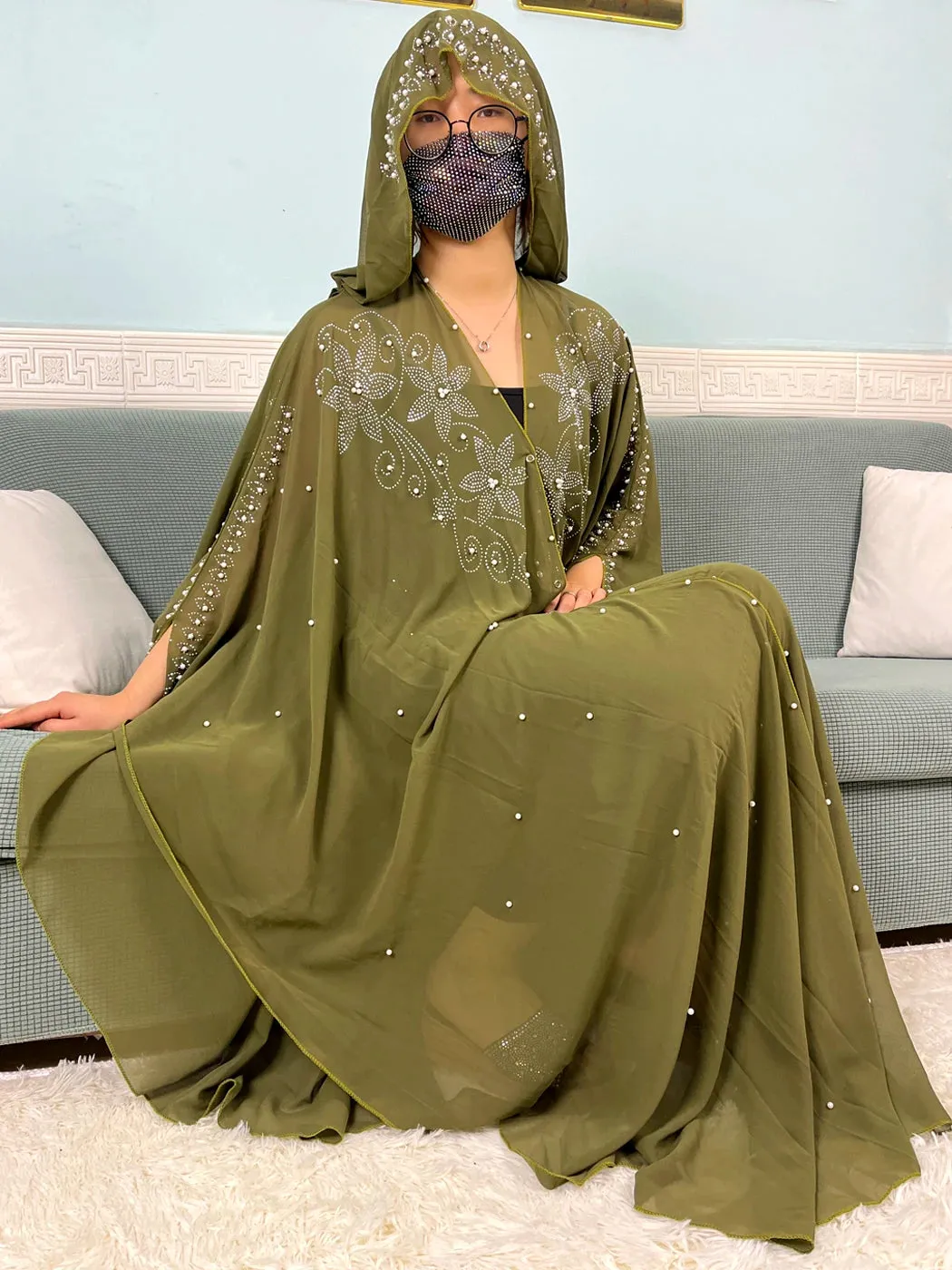 Chiffon Beading Set Diamonds Open Abaya