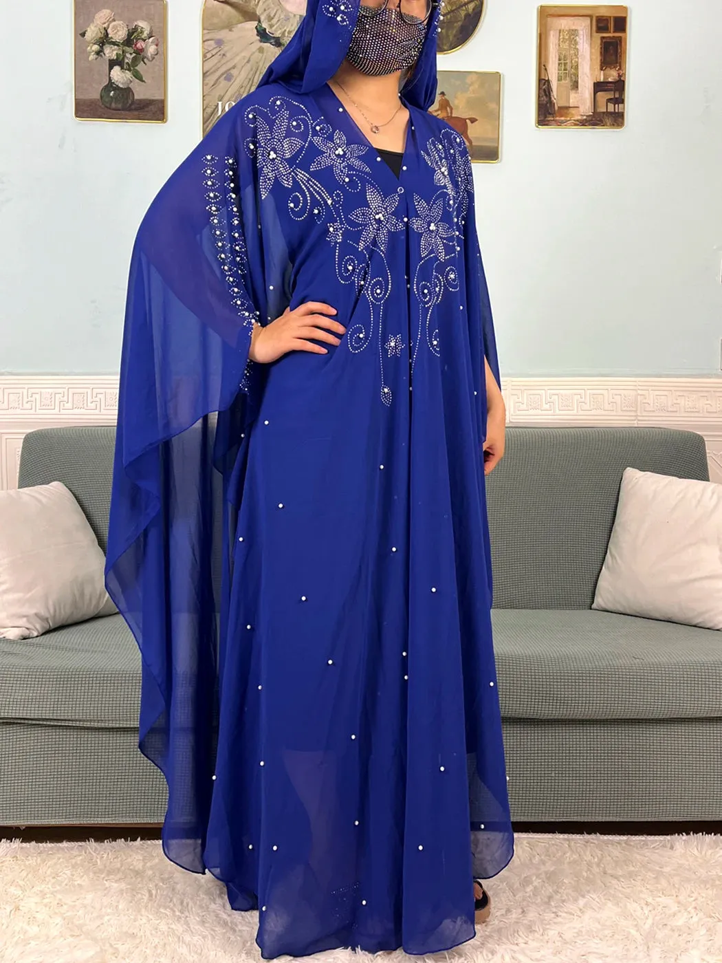 Chiffon Beading Set Diamonds Open Abaya