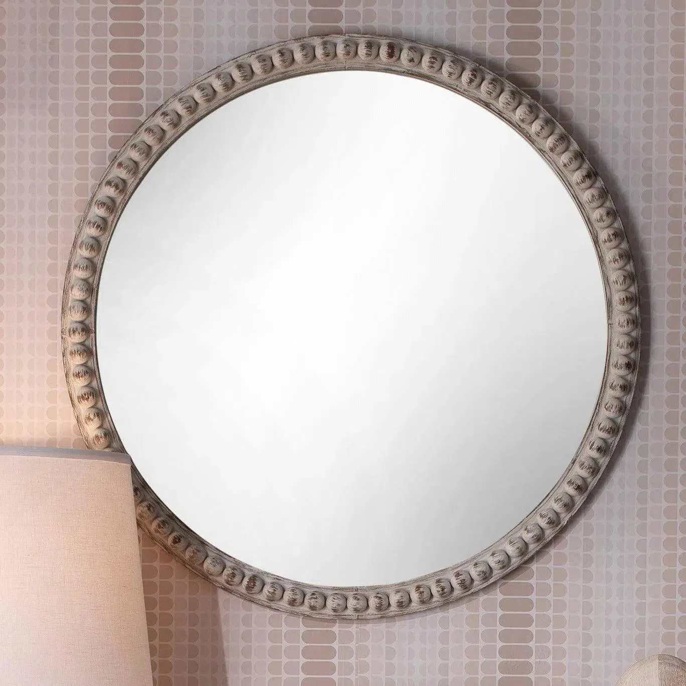 Coastal Style White Washed Fir Wood Audrey Beaded Wall Mirror