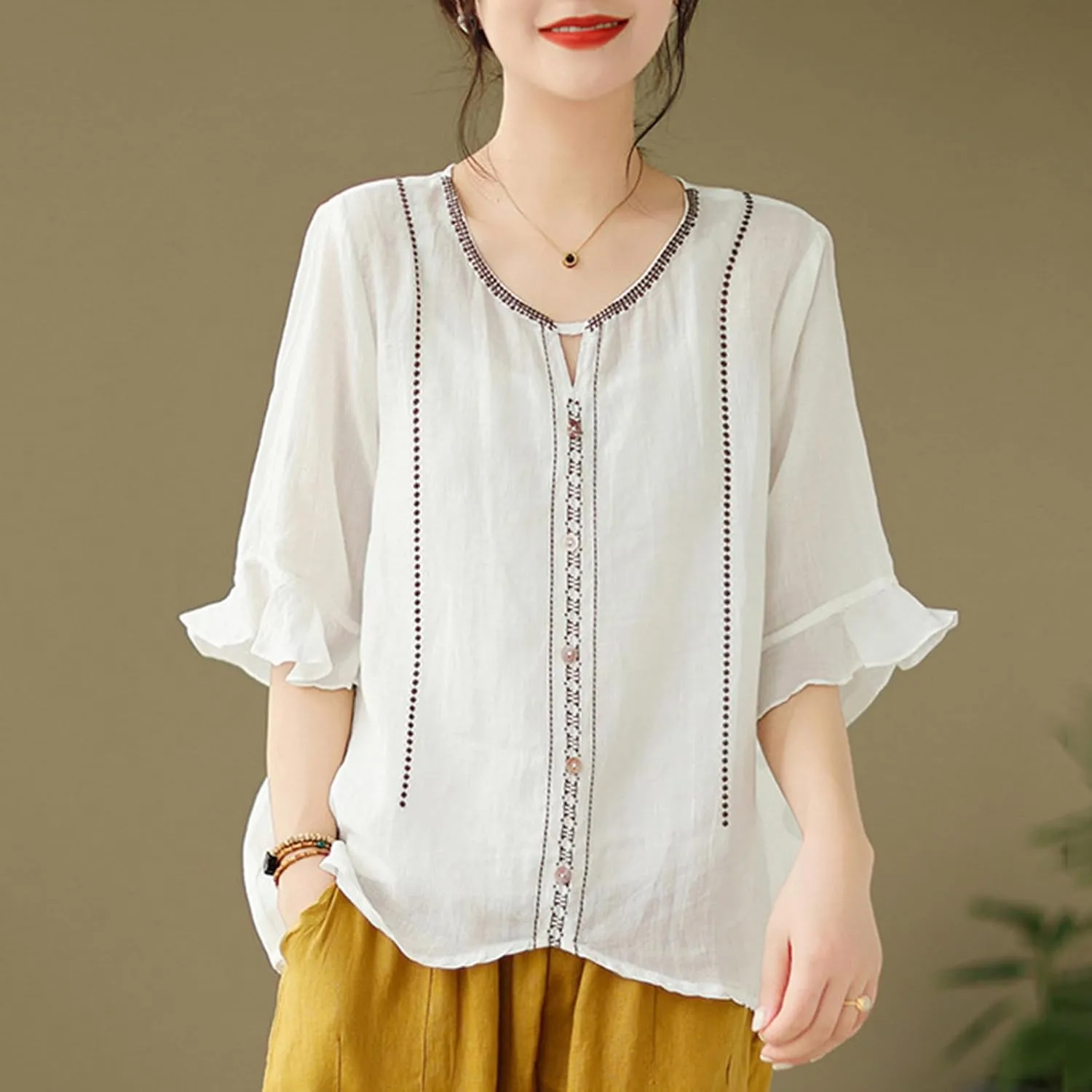 Cotton Linen Shirts for Women Round Neck Ruffle Half Sleeve Blouse Vintage Solid Loose Button Up Shirts Summer Clothes