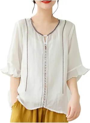 Cotton Linen Shirts for Women Round Neck Ruffle Half Sleeve Blouse Vintage Solid Loose Button Up Shirts Summer Clothes