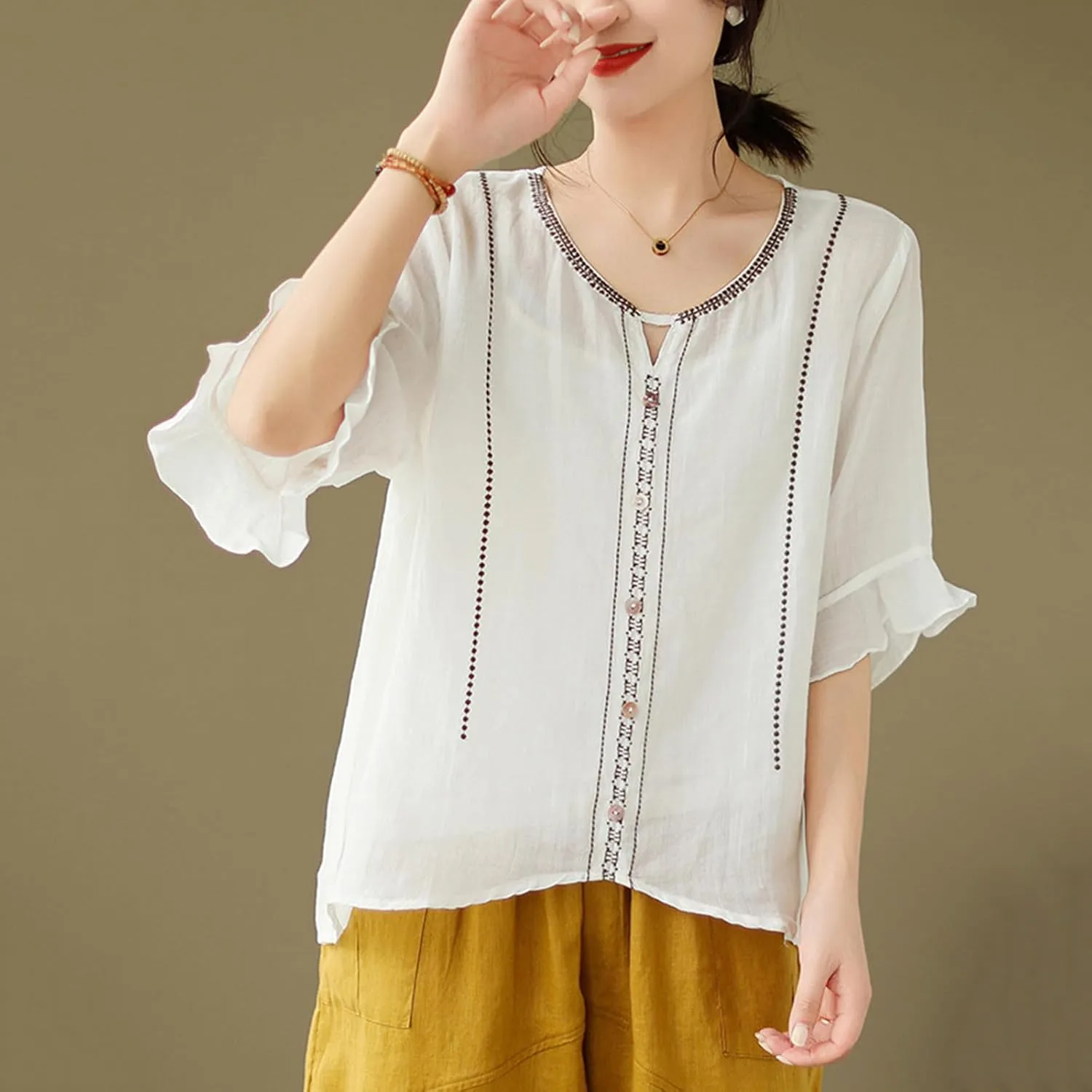 Cotton Linen Shirts for Women Round Neck Ruffle Half Sleeve Blouse Vintage Solid Loose Button Up Shirts Summer Clothes
