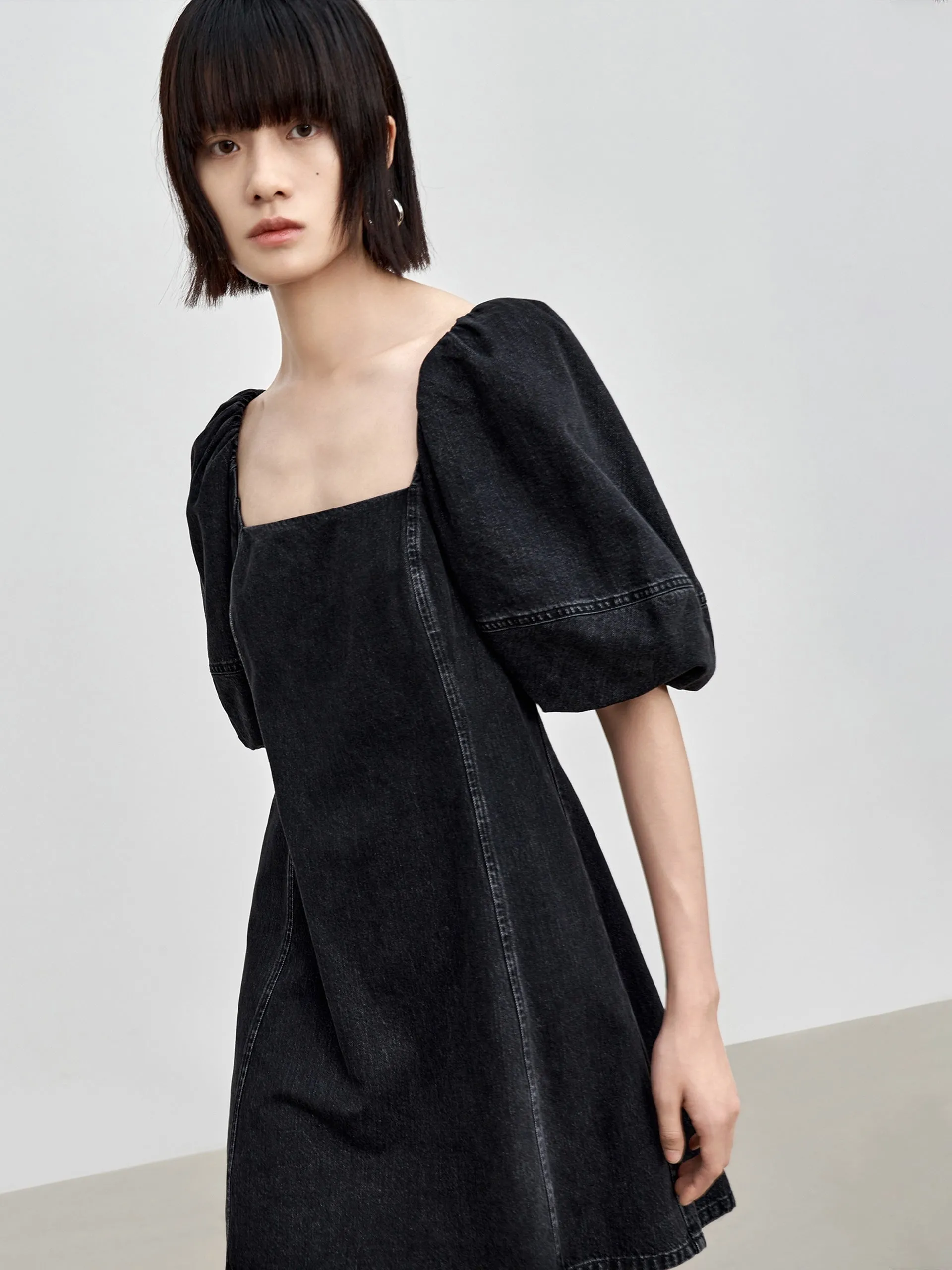 Cotton Puff Sleeve Denim Dress