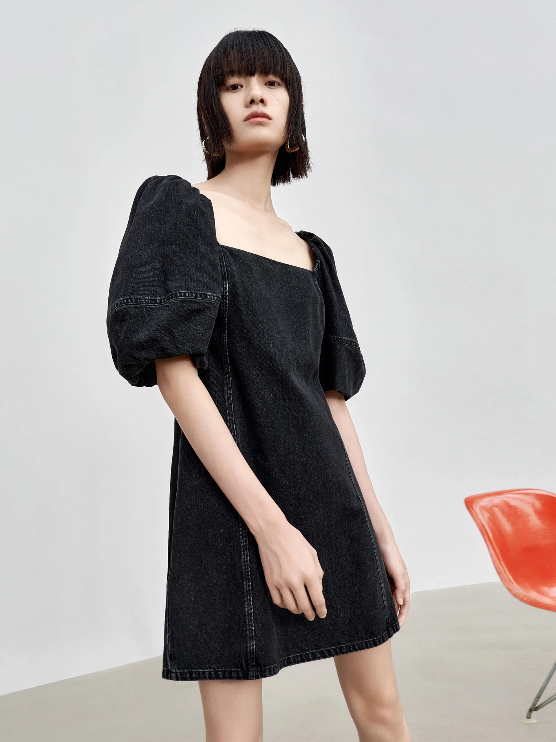 Cotton Puff Sleeve Denim Dress