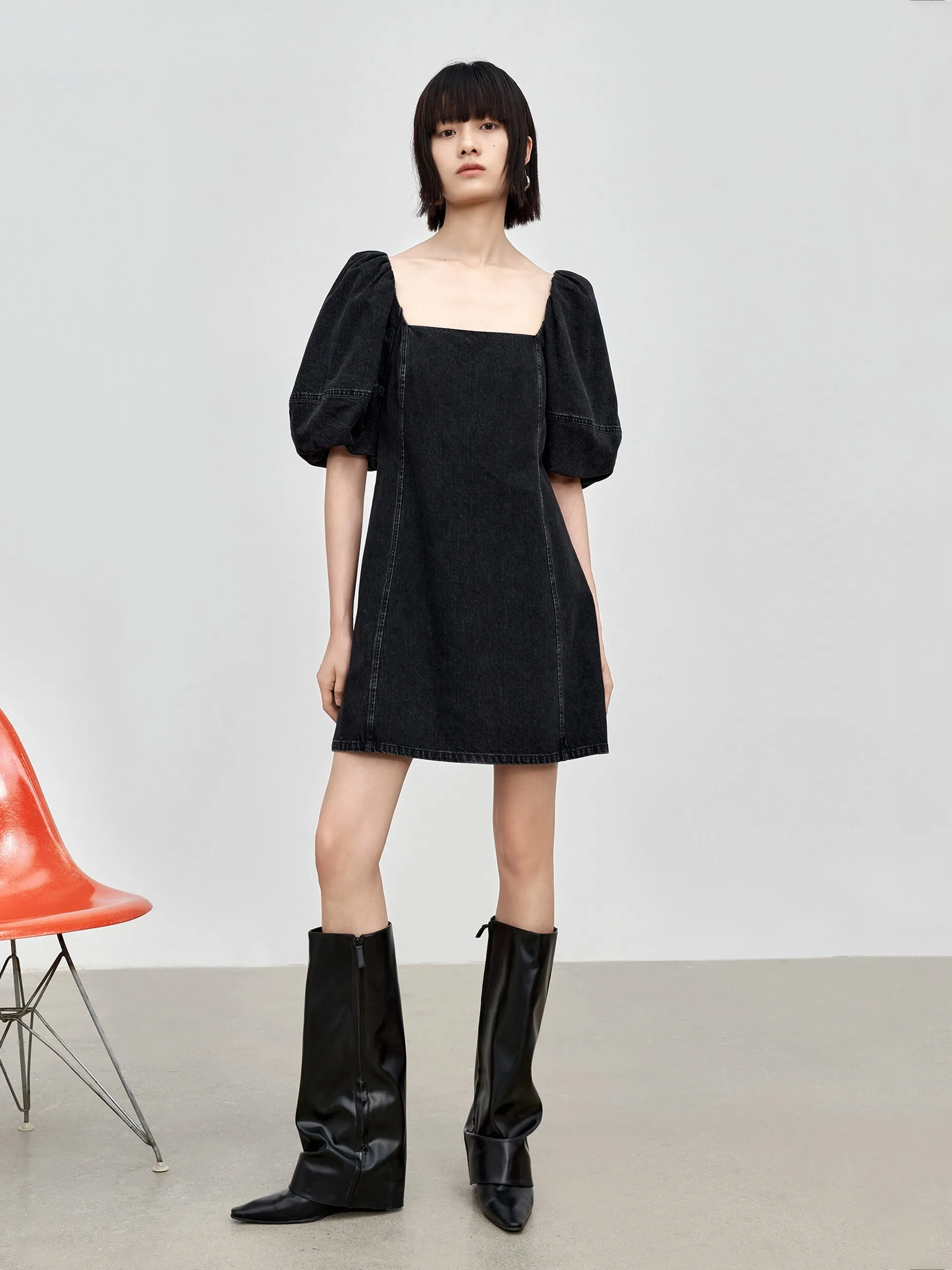 Cotton Puff Sleeve Denim Dress