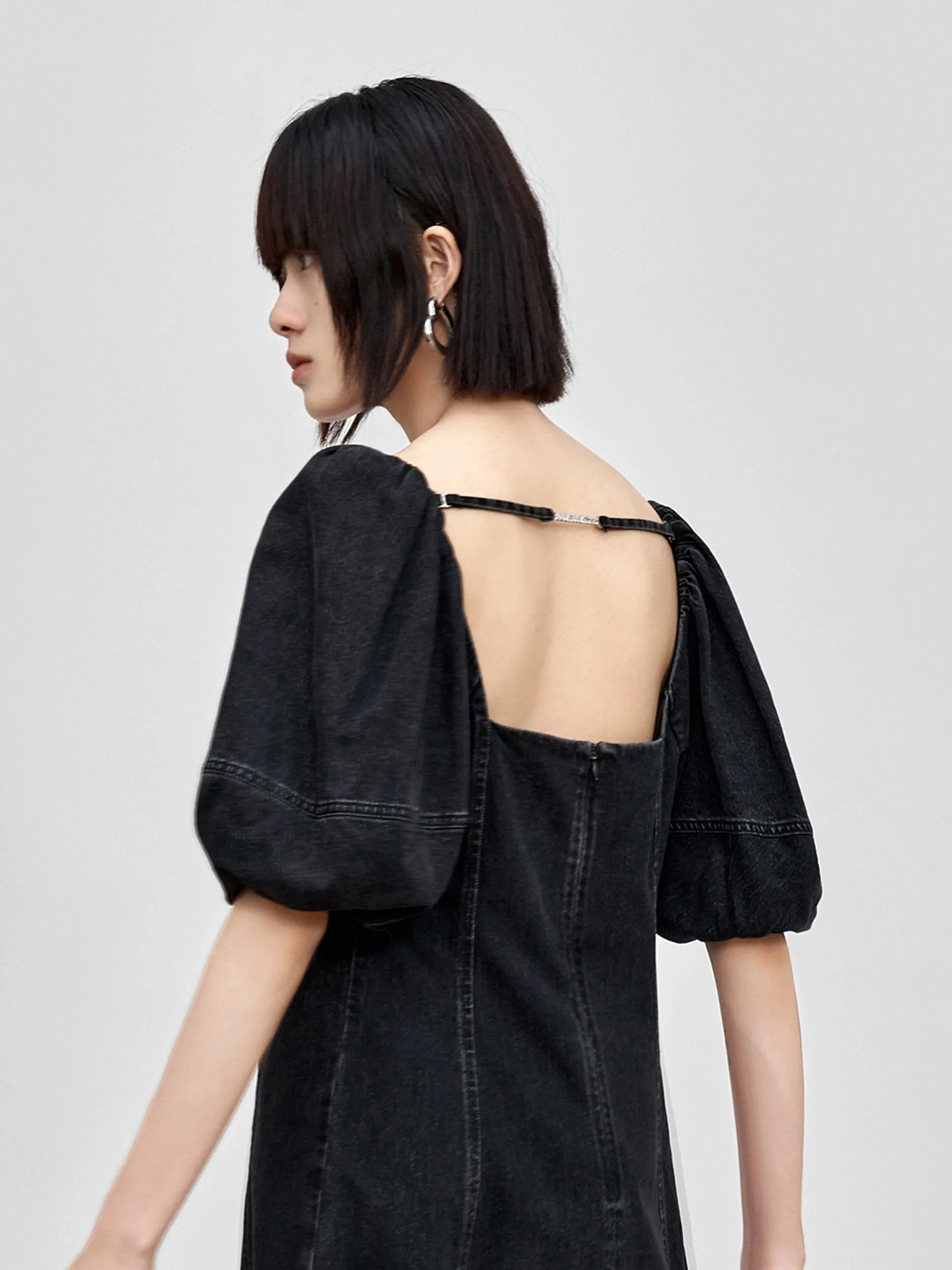 Cotton Puff Sleeve Denim Dress