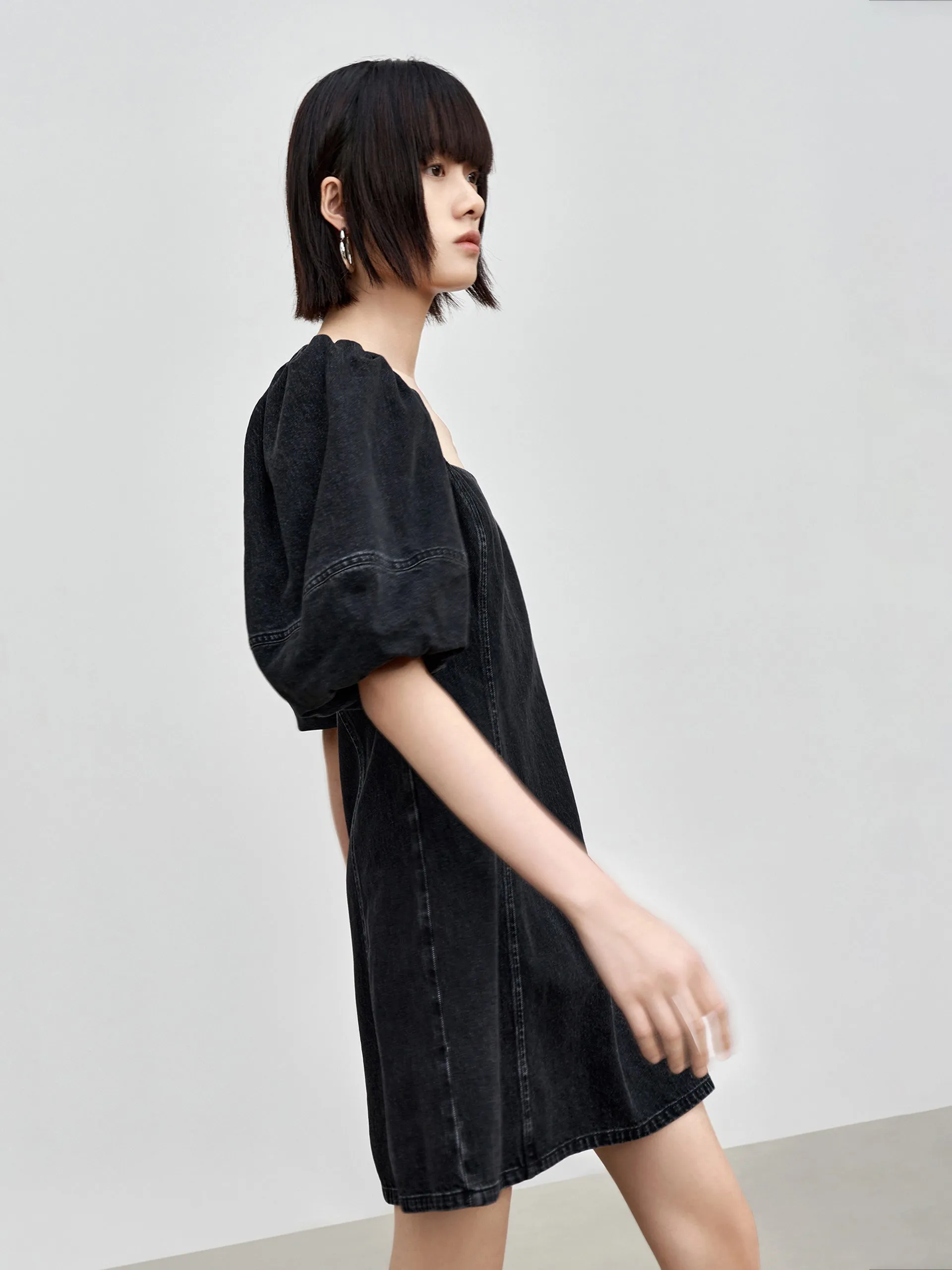Cotton Puff Sleeve Denim Dress
