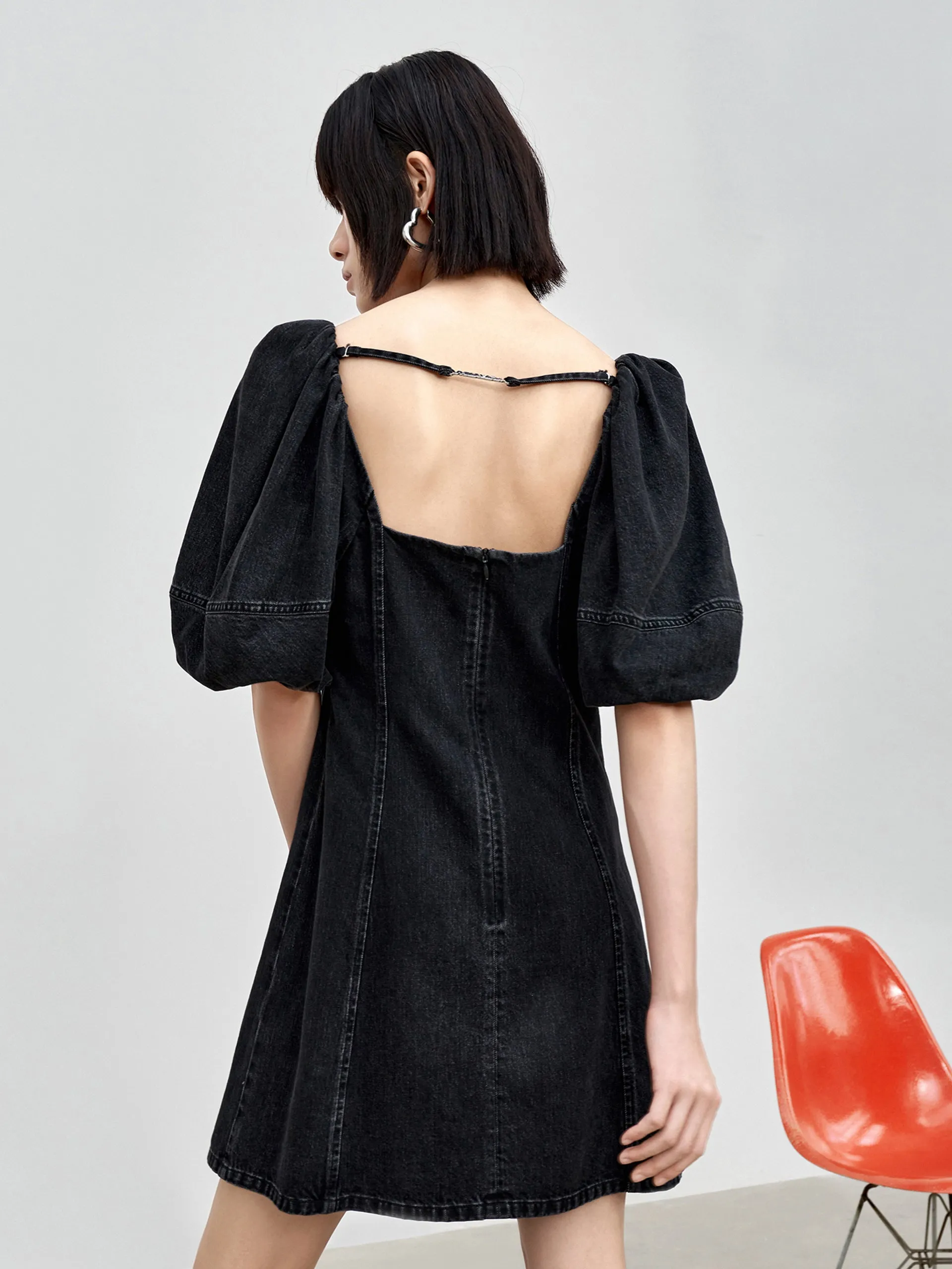 Cotton Puff Sleeve Denim Dress