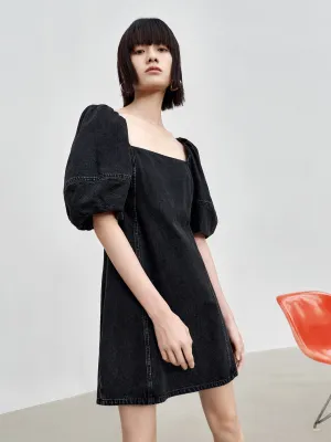 Cotton Puff Sleeve Denim Dress