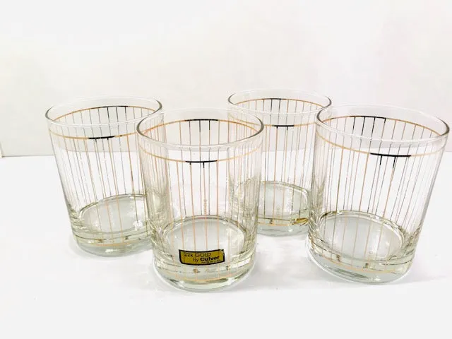 Culver Signed Mid-Century 22-Karat Gold Striped Double Old Fashion Glasses (Set of 4)