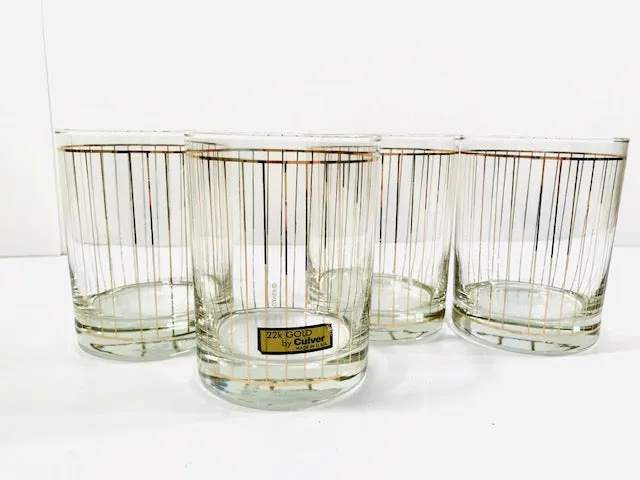 Culver Signed Mid-Century 22-Karat Gold Striped Double Old Fashion Glasses (Set of 4)