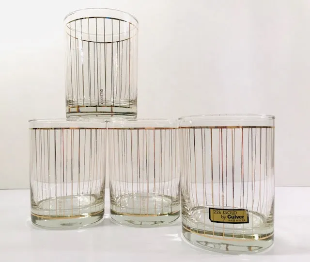 Culver Signed Mid-Century 22-Karat Gold Striped Double Old Fashion Glasses (Set of 4)