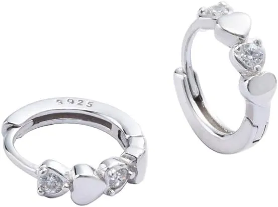Double Love Heart Cubic Zirconia Sleeper Small Hoop Earrings for Women Teen Girls Cartilage Tiny Cute CZ Huggie Hoops Hypoallergenic for Sensitive Ear