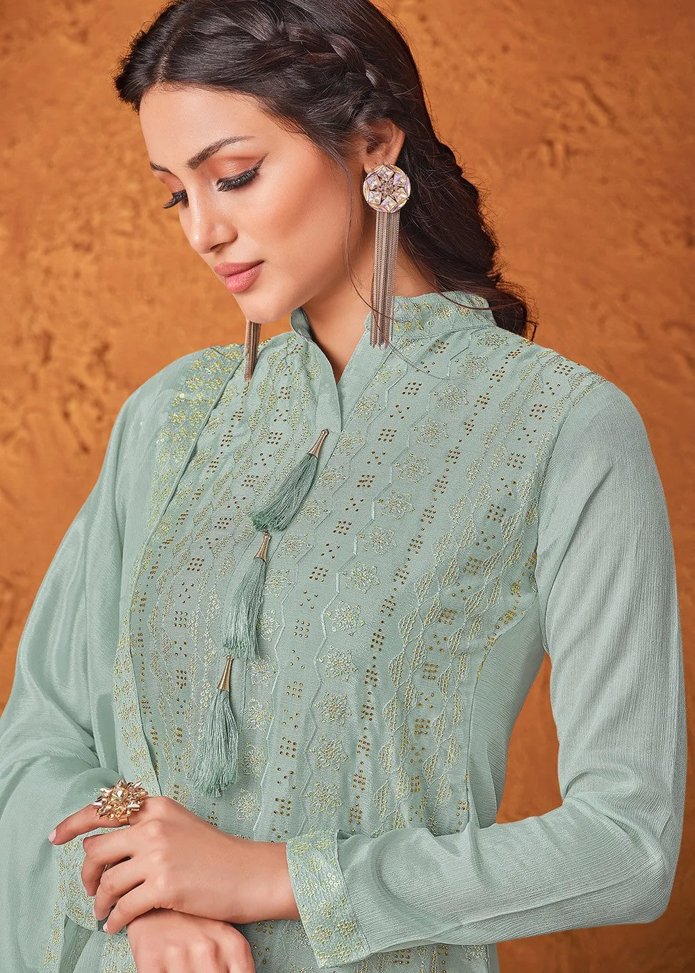 Dusty Blue Chiffon Embroidered Sharara Suit